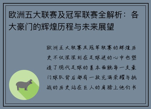 欧洲五大联赛及冠军联赛全解析：各大豪门的辉煌历程与未来展望