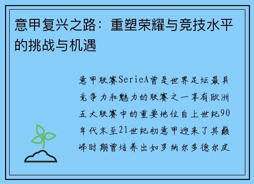 意甲复兴之路：重塑荣耀与竞技水平的挑战与机遇