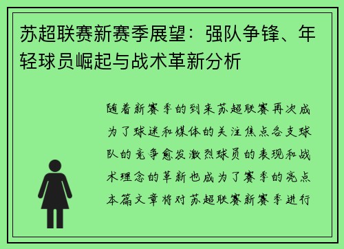 苏超联赛新赛季展望：强队争锋、年轻球员崛起与战术革新分析