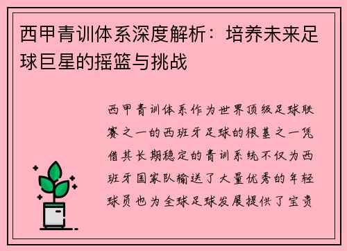 西甲青训体系深度解析：培养未来足球巨星的摇篮与挑战