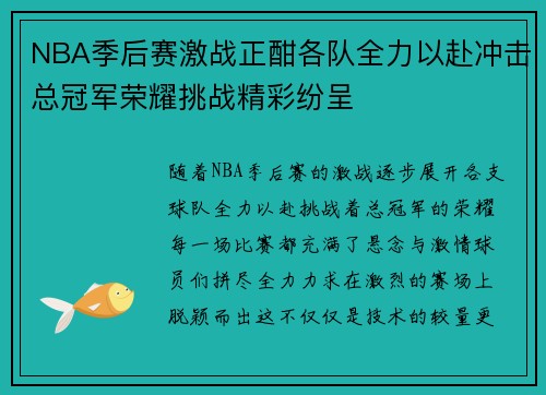 NBA季后赛激战正酣各队全力以赴冲击总冠军荣耀挑战精彩纷呈