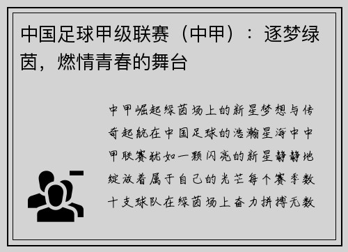 中国足球甲级联赛（中甲）：逐梦绿茵，燃情青春的舞台